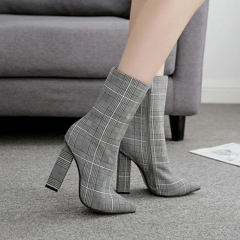High Heel Lattice Pointed Toe Calf Sock Boots