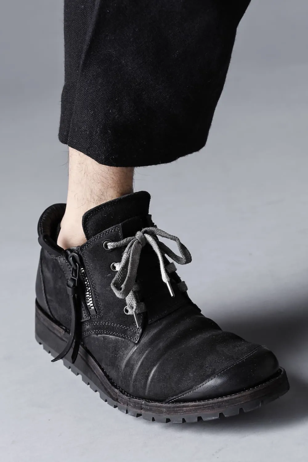 Horse Leather Flat Sole Sneakers Derby Shoes  Black