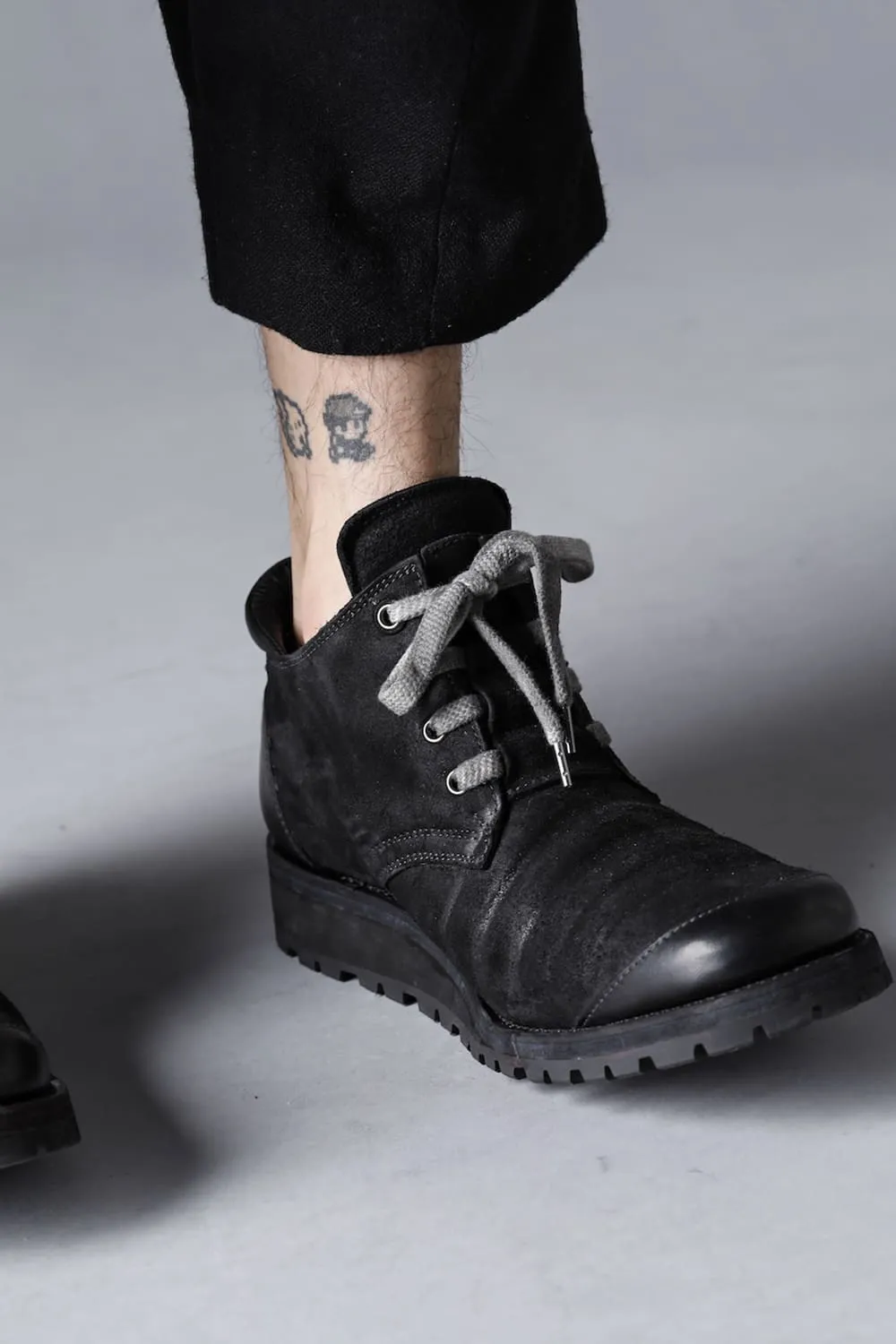 Horse Leather Flat Sole Sneakers Derby Shoes  Black
