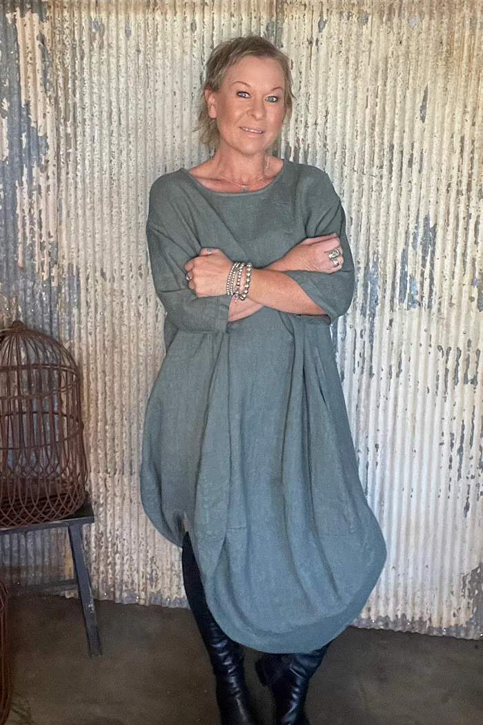 ITALIAN LINEN SCALLOPED EDGE DRESS - KHAKI