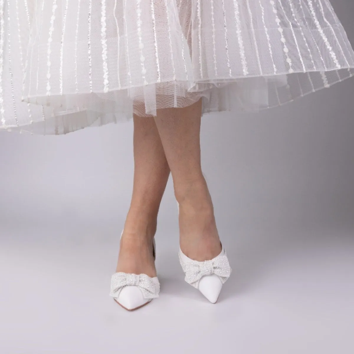 Ivory Satin Wedding Shoe with Pointed Toe & Bow By Perfect Bridal, Adele