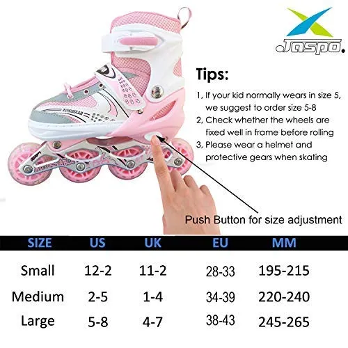 Jaspo Sparkle Adjustable Inline Skates with Front Light up Wheels Beginner Skates Fun Illuminating Roller Skates for Kids Boys and Girls.