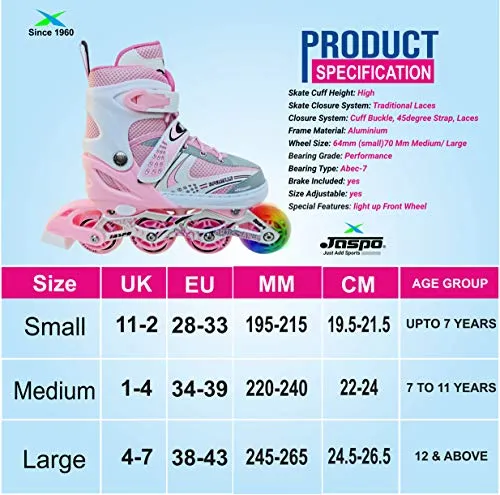 Jaspo Sparkle Adjustable Inline Skates with Front Light up Wheels Beginner Skates Fun Illuminating Roller Skates for Kids Boys and Girls.