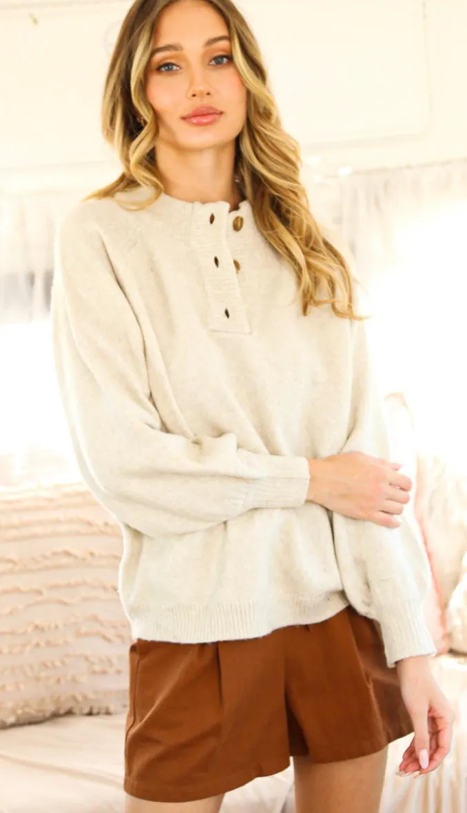 Kennedy Softest Ever Button Sweater- Oatmeal