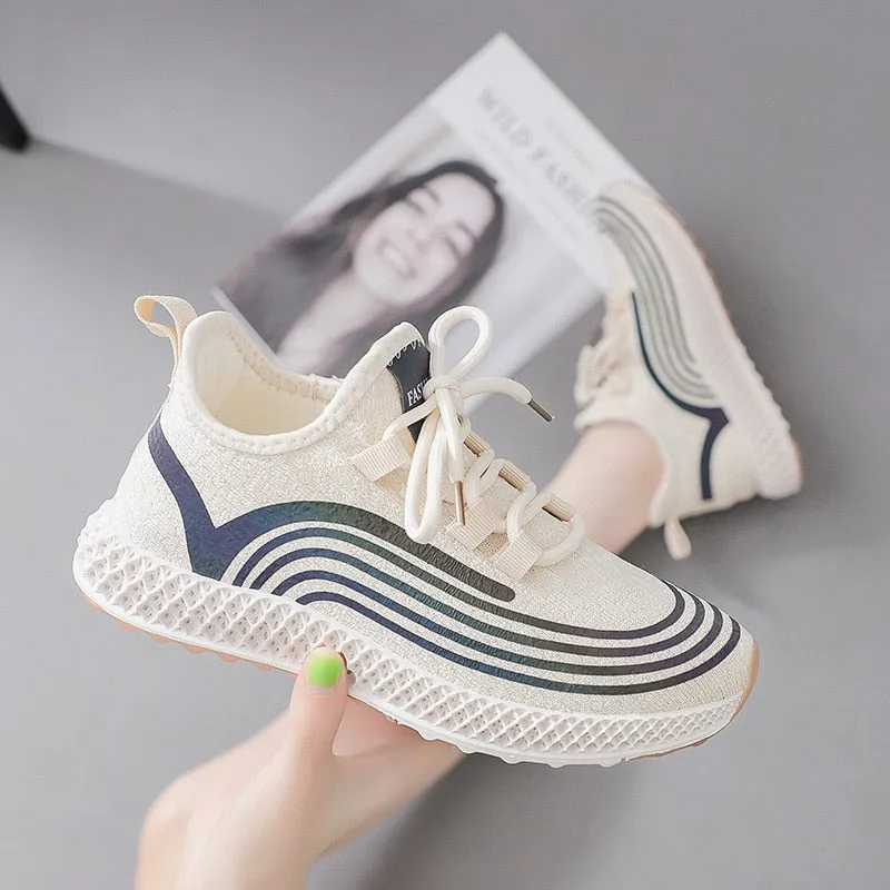 Lace Up Stripes Stretch Fabric Sneakers