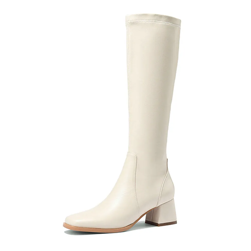 Ladies Square Toe Long Leather Boots with Block Heel