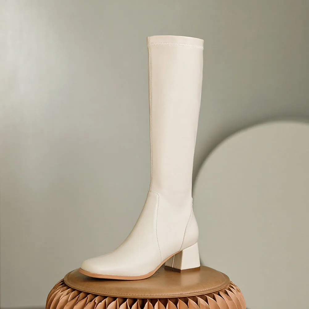 Ladies Square Toe Long Leather Boots with Block Heel
