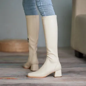 Ladies Square Toe Long Leather Boots with Block Heel