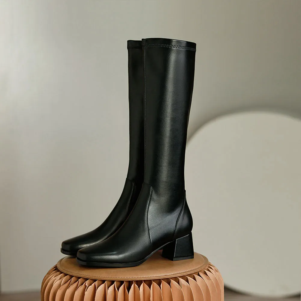 Ladies Square Toe Long Leather Boots with Block Heel
