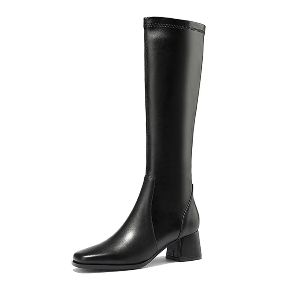 Ladies Square Toe Long Leather Boots with Block Heel