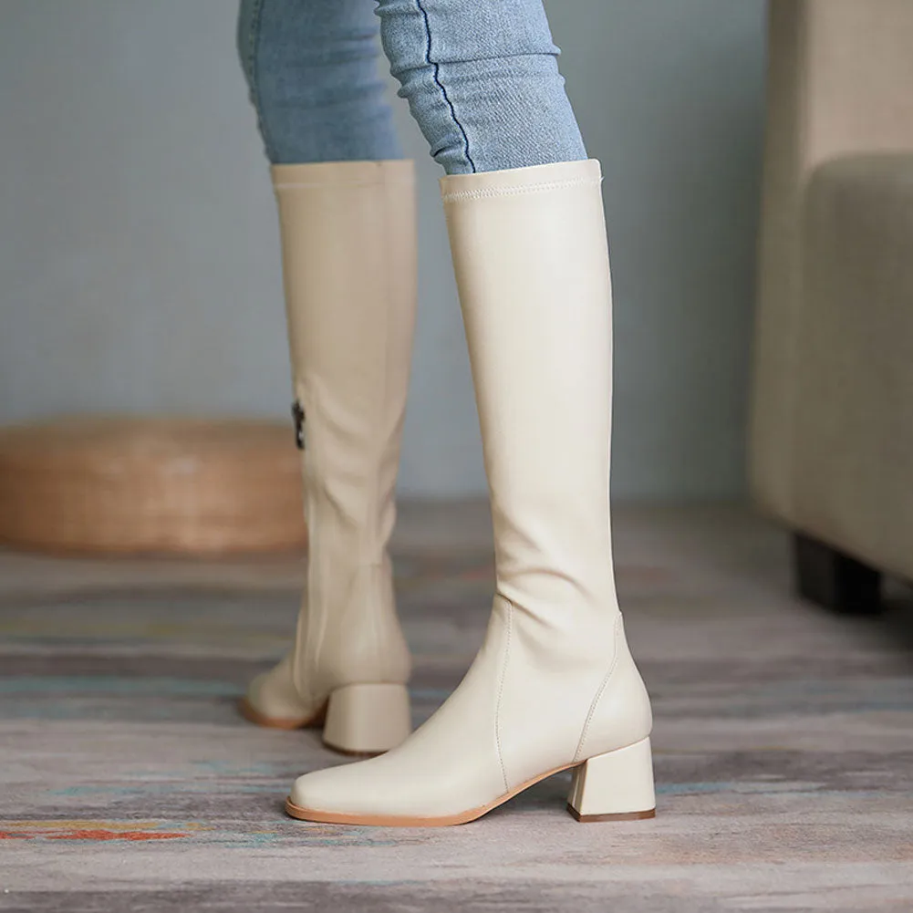 Ladies Square Toe Long Leather Boots with Block Heel