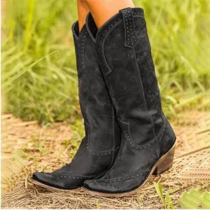 Leather Chunky Heel Rivet Knee High Boots