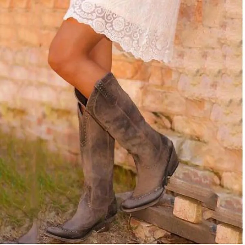Leather Chunky Heel Rivet Knee High Boots