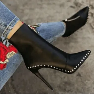Leather High Heel Rivet Zipper Calf Boots