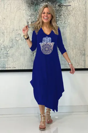 Long Sleeves Total Comfort Dress - Blue /Silver Hamsa