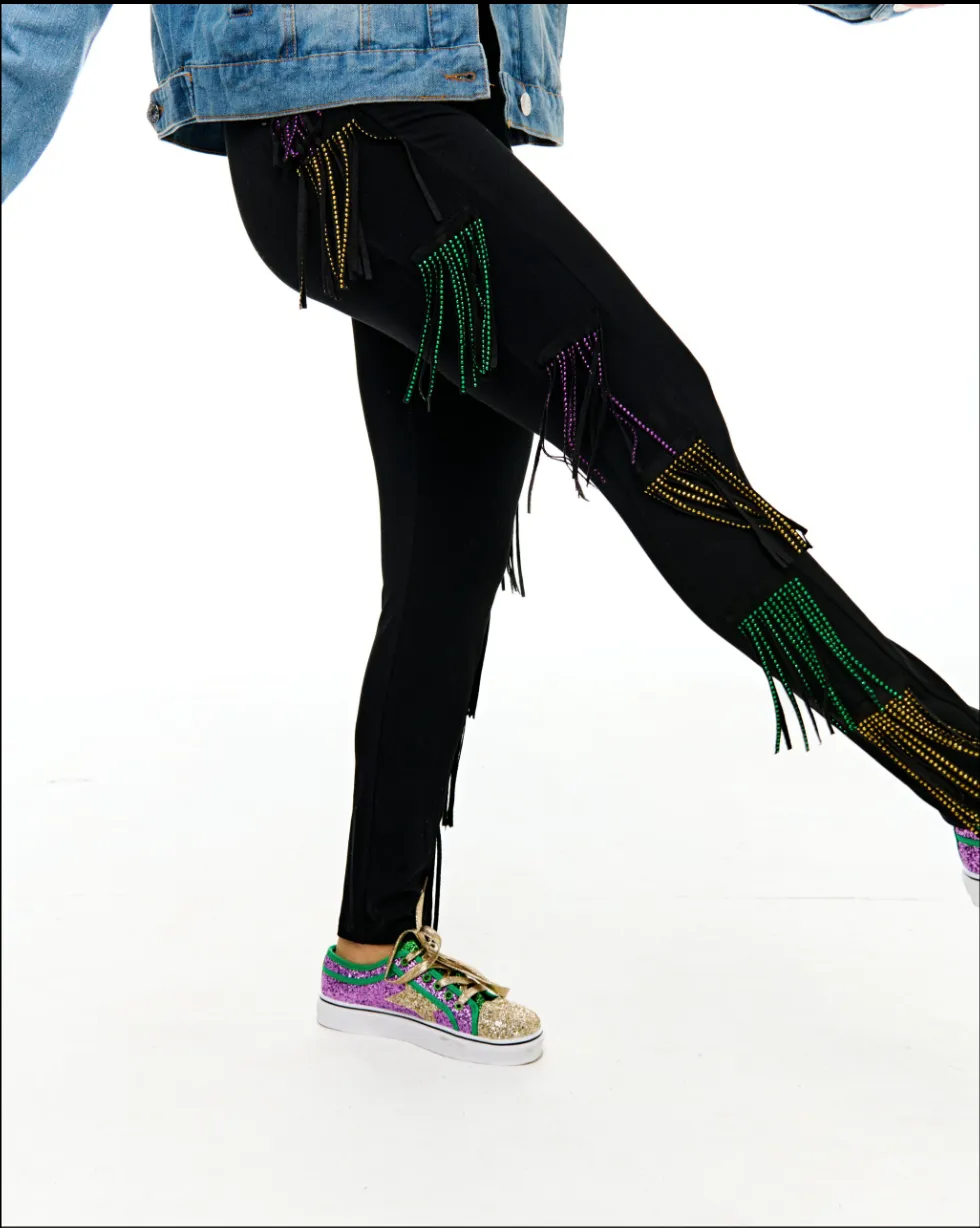 Mardi Gras Rhinestone Tassel Kids Leggings