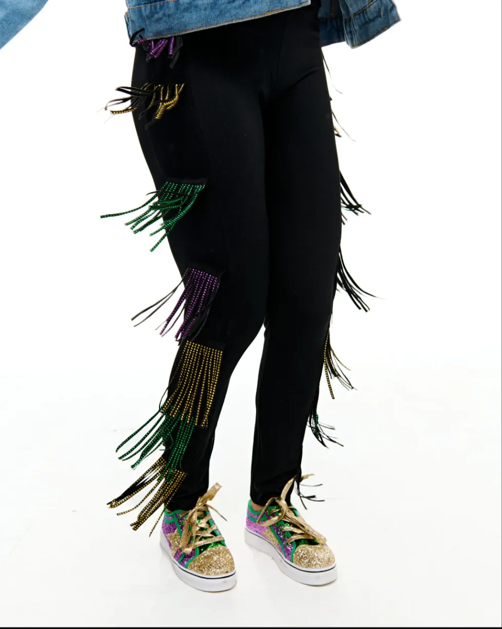 Mardi Gras Rhinestone Tassel Kids Leggings