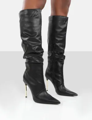 Monica Black PU Pointed Toe Knee High Boots