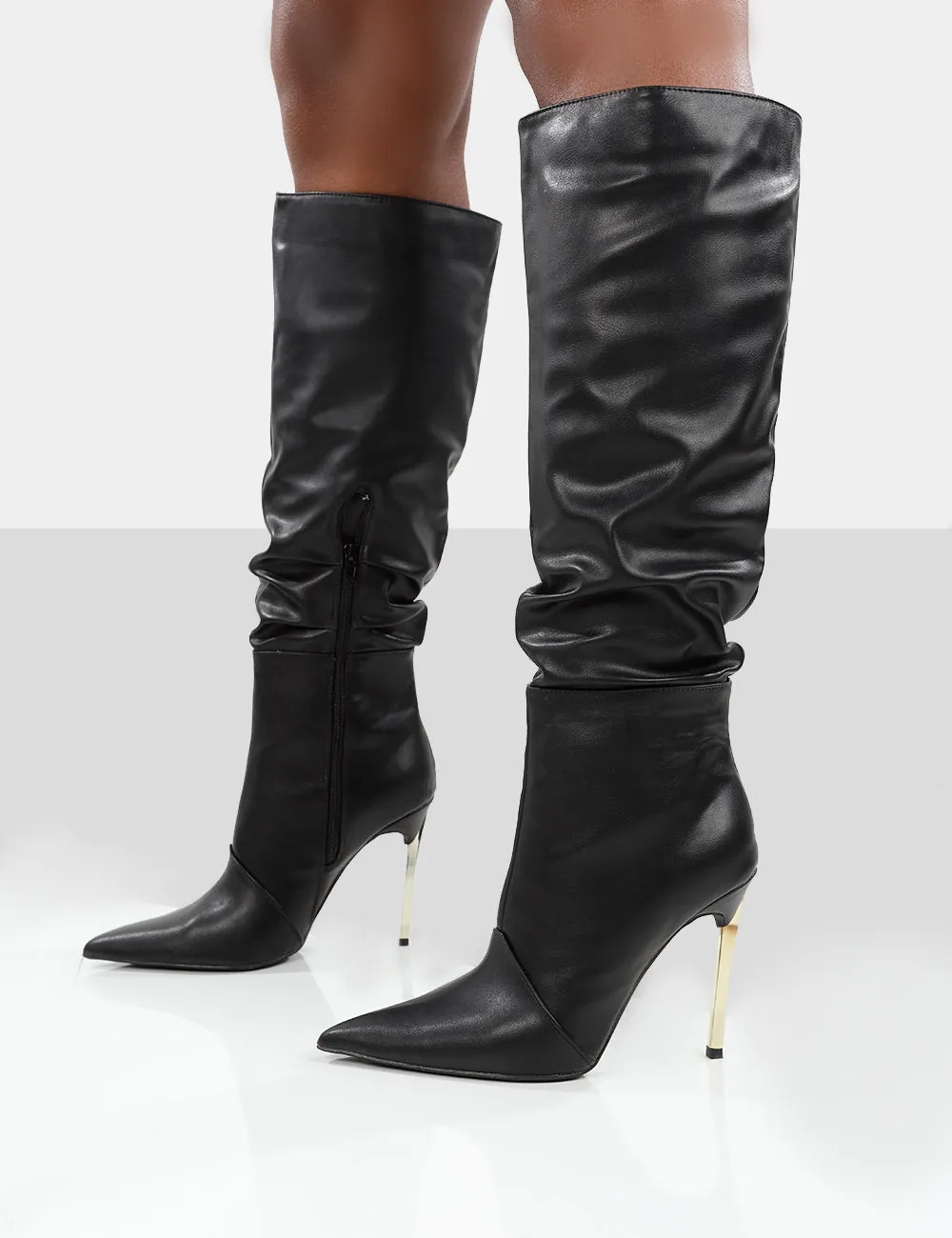 Monica Black PU Pointed Toe Knee High Boots