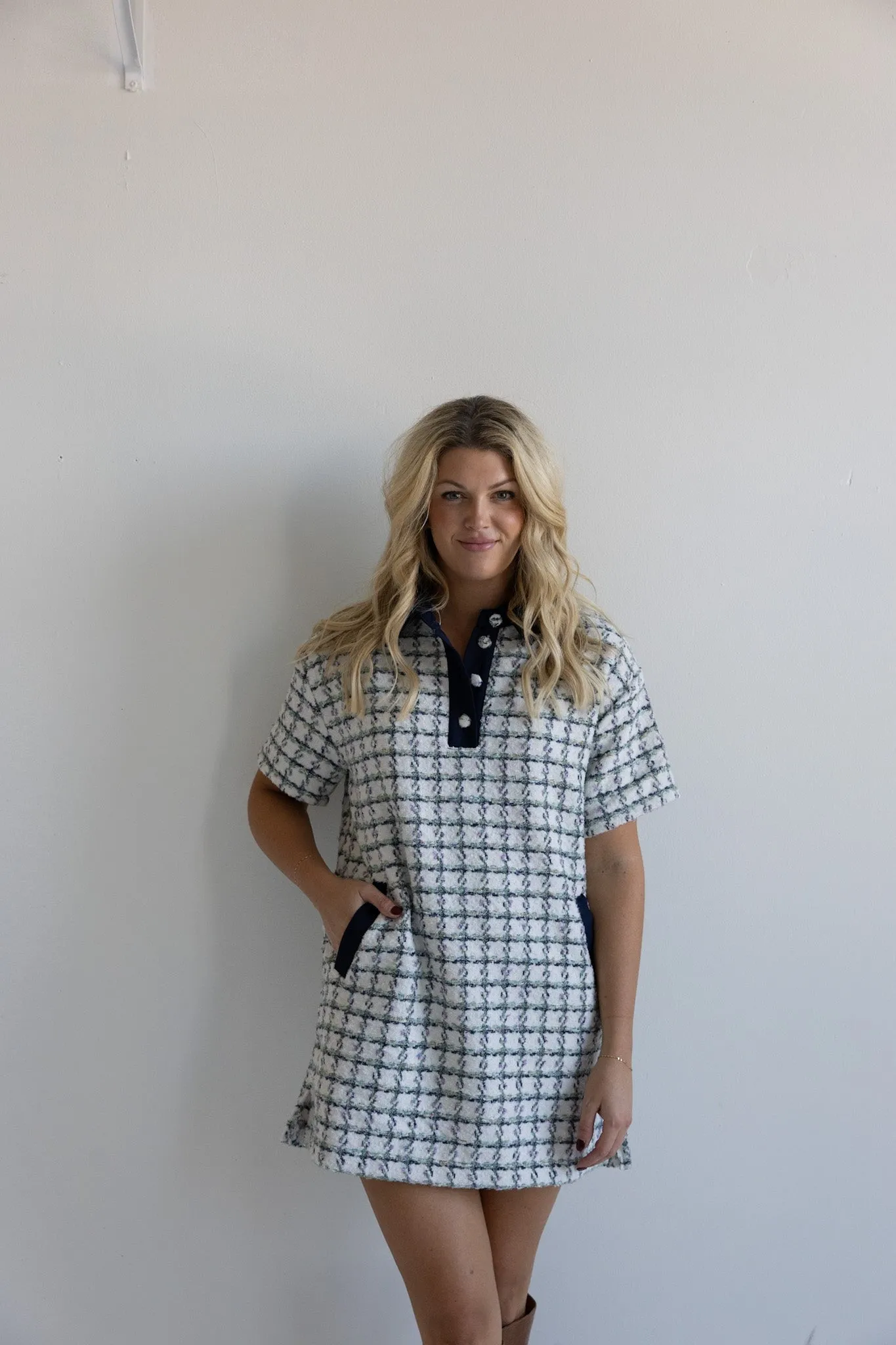 Navy Trim Tweed Polo Dress