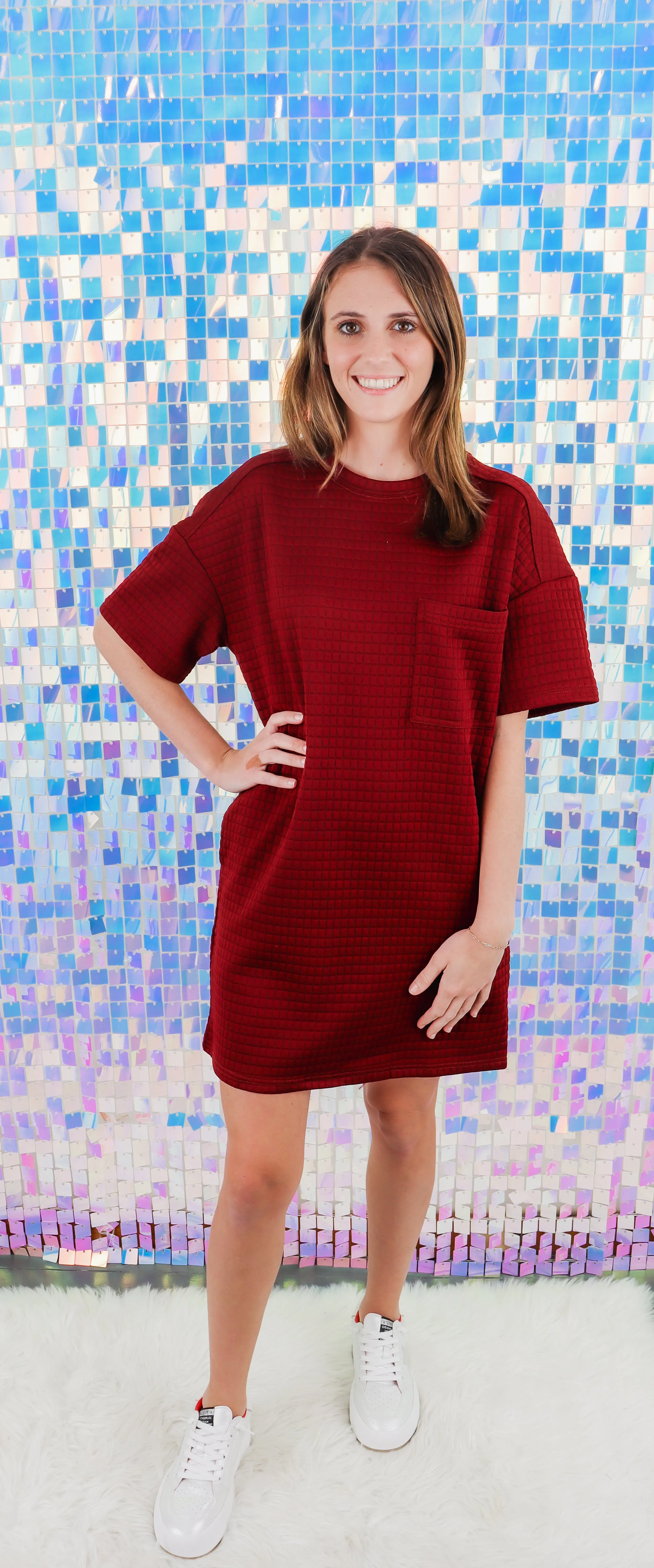 Oversized Quilted Basic Shift Mini Dress In Forest Or Wine