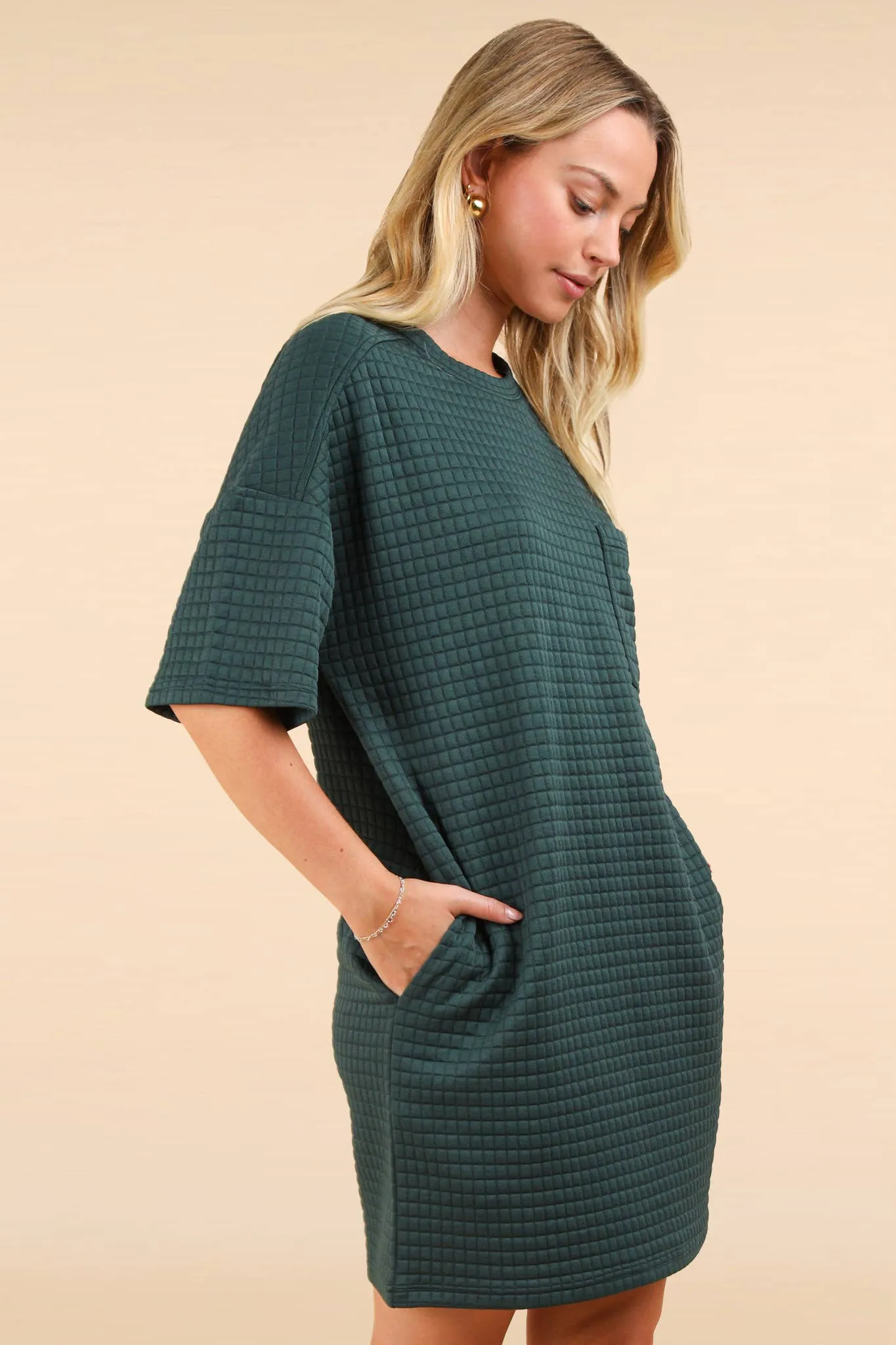 Oversized Quilted Basic Shift Mini Dress In Forest Or Wine