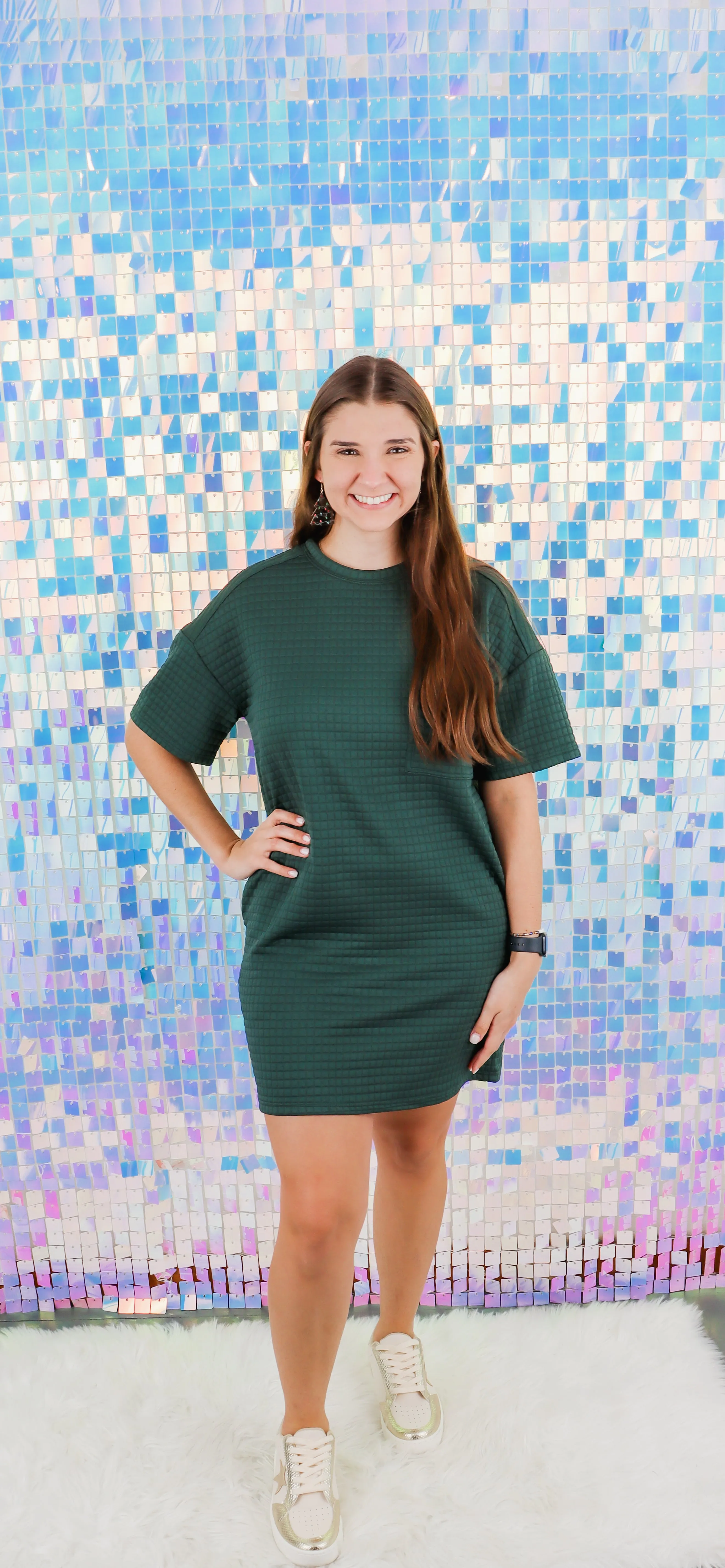 Oversized Quilted Basic Shift Mini Dress In Forest Or Wine