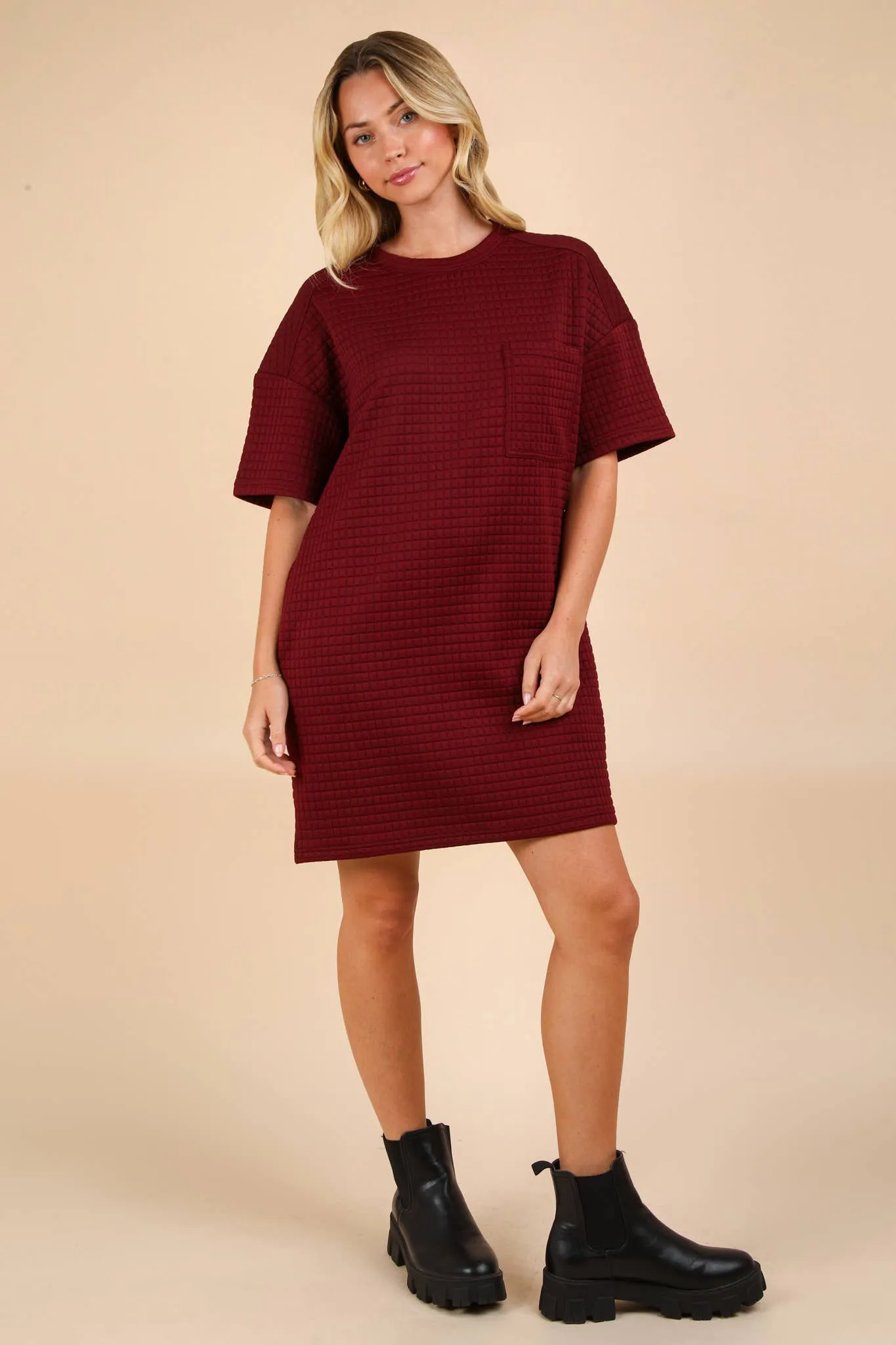 Oversized Quilted Basic Shift Mini Dress In Forest Or Wine
