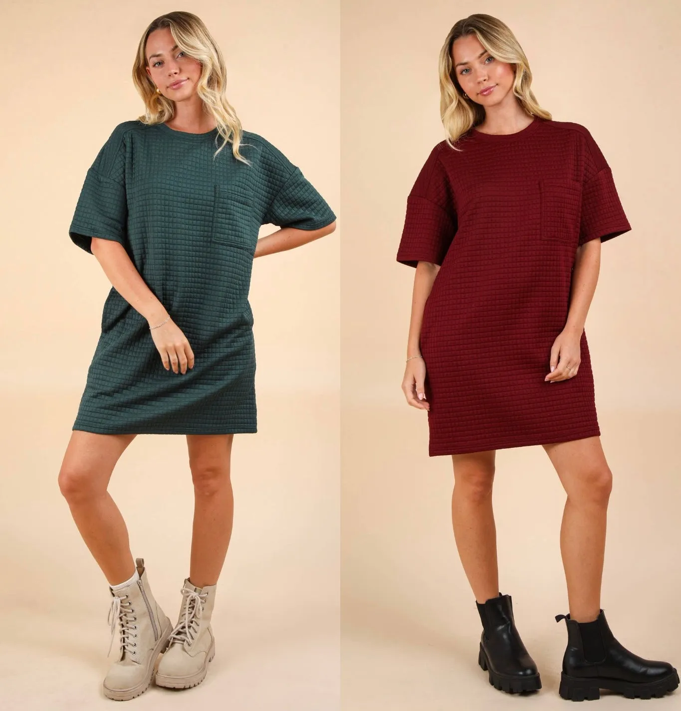 Oversized Quilted Basic Shift Mini Dress In Forest Or Wine