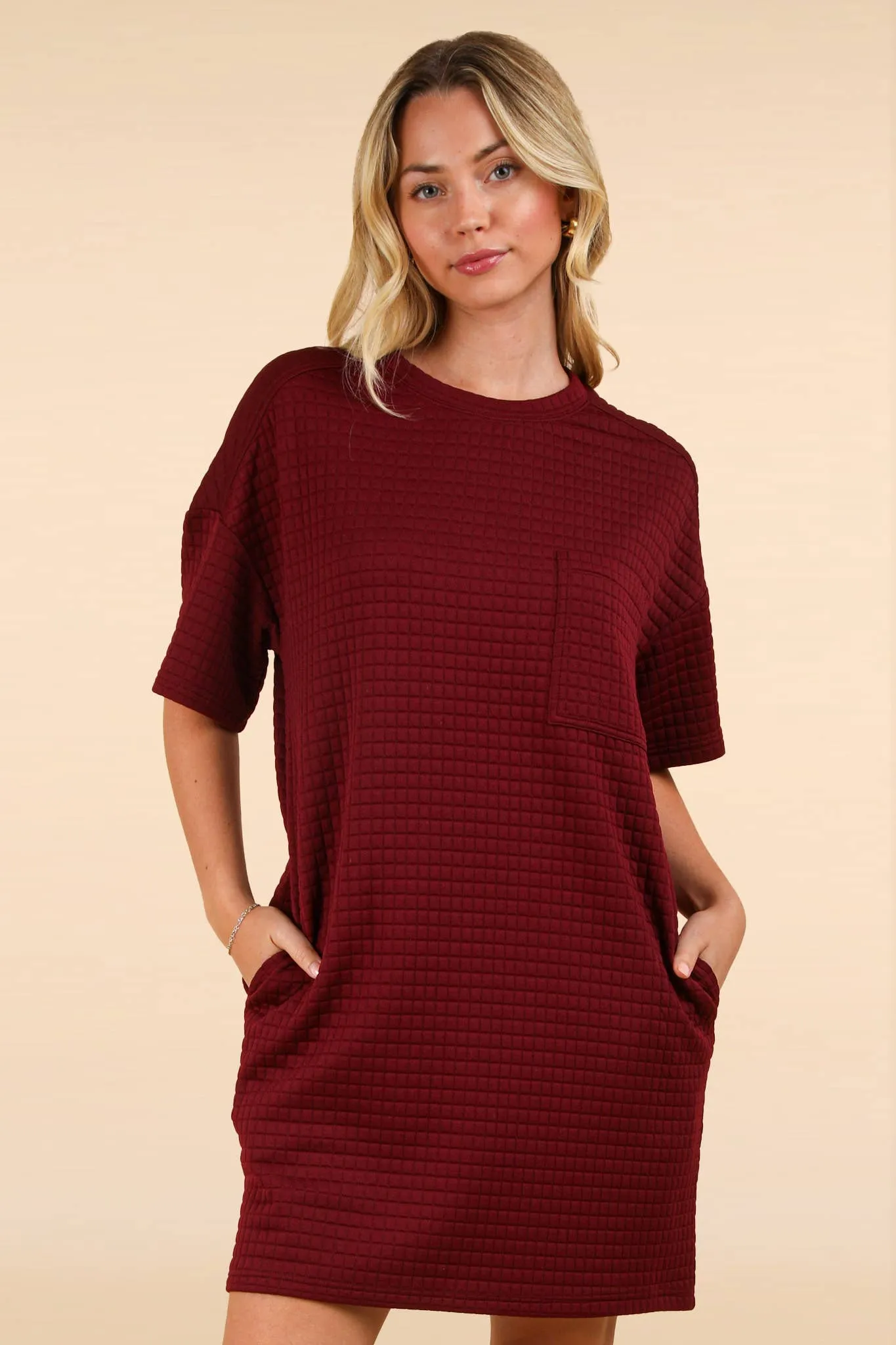 Oversized Quilted Basic Shift Mini Dress In Forest Or Wine