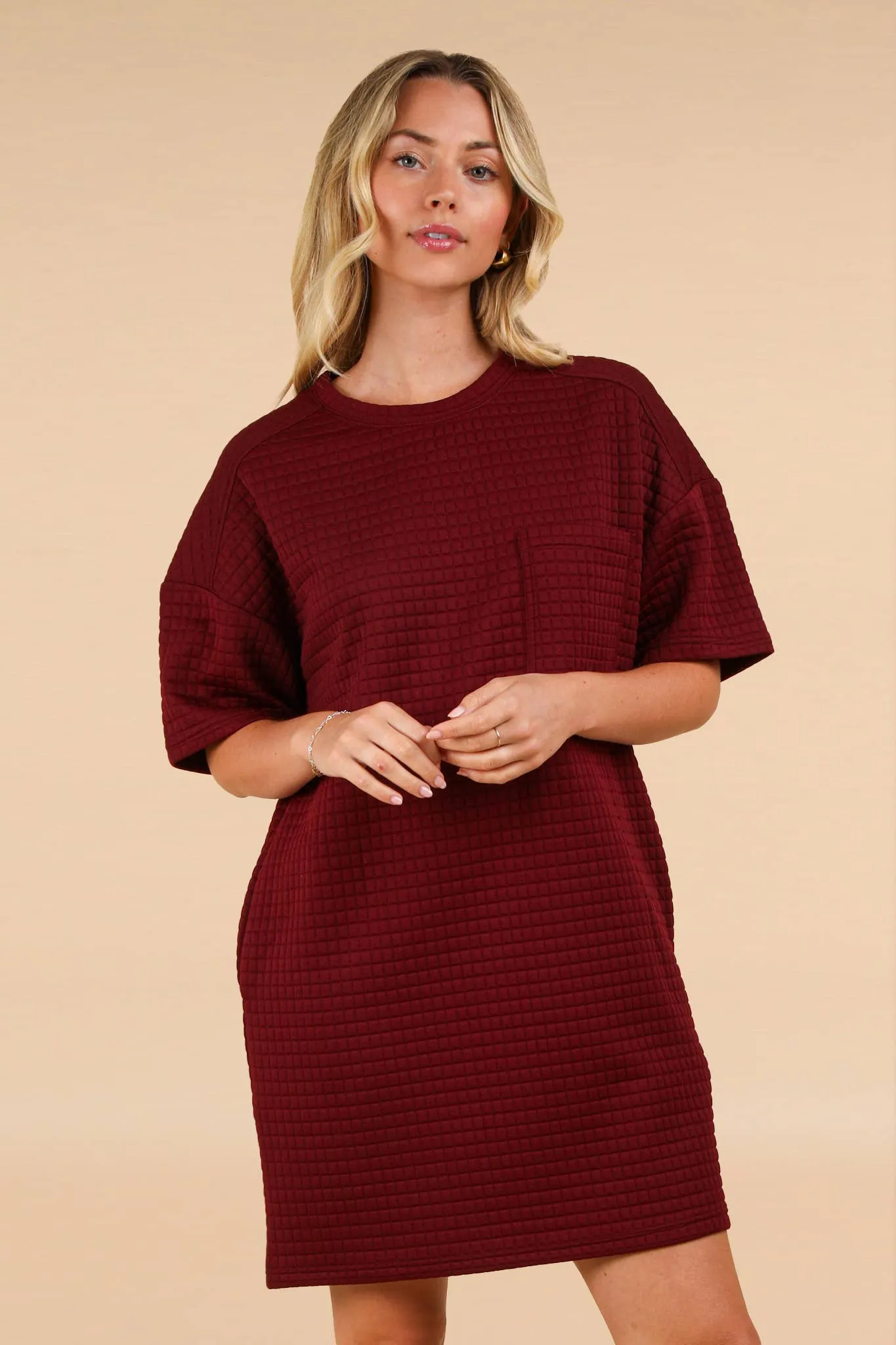 Oversized Quilted Basic Shift Mini Dress In Forest Or Wine