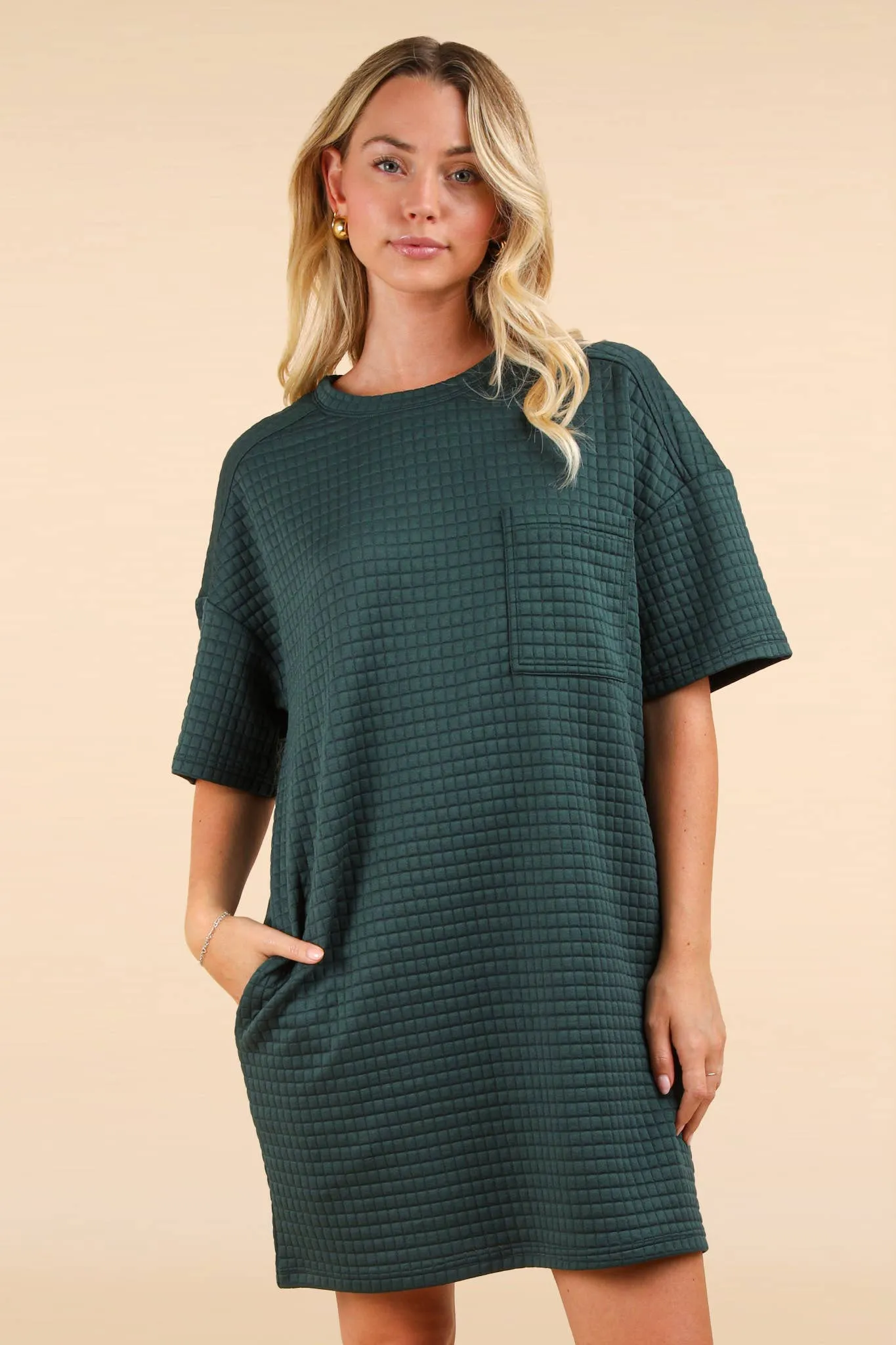 Oversized Quilted Basic Shift Mini Dress In Forest Or Wine