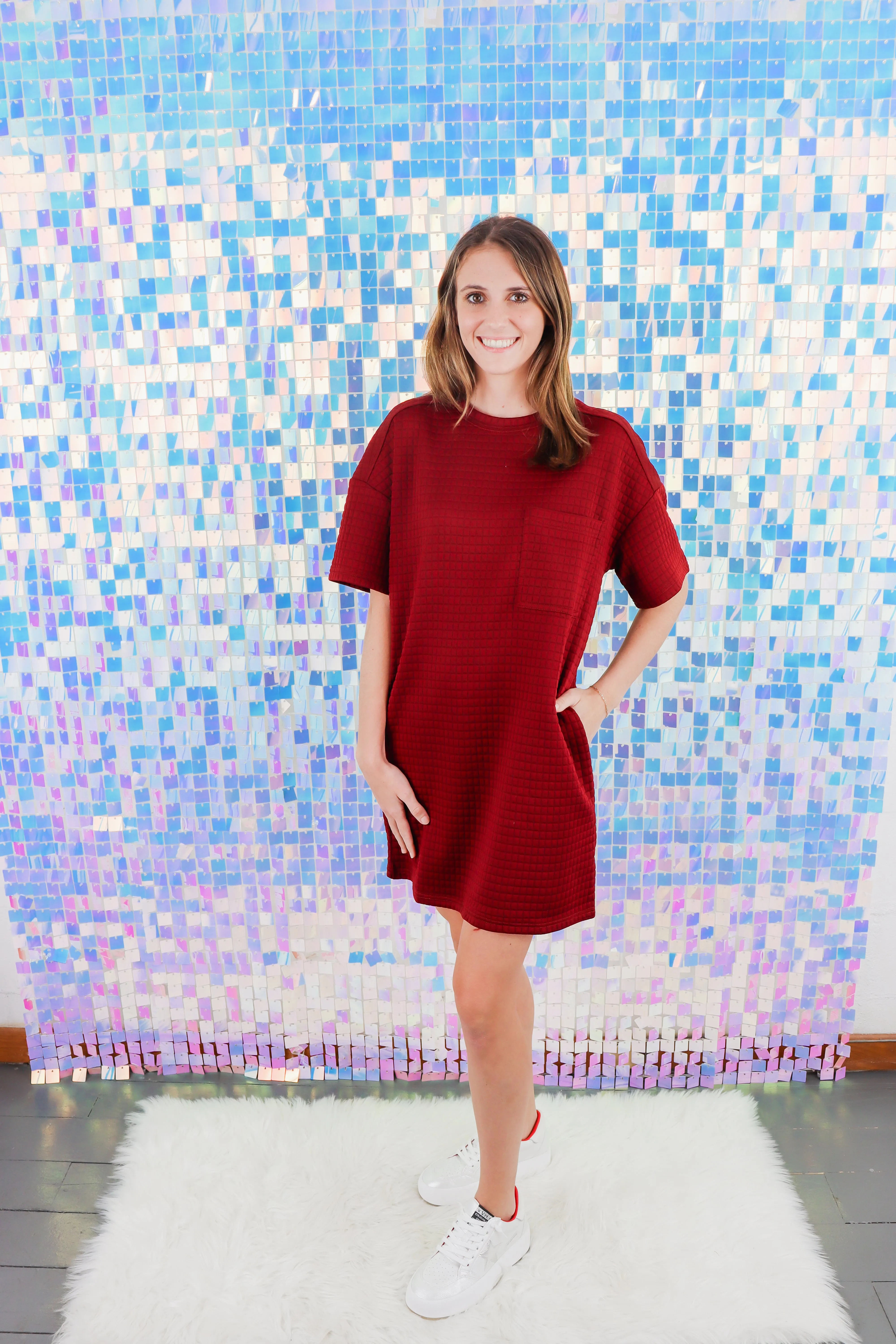 Oversized Quilted Basic Shift Mini Dress In Forest Or Wine