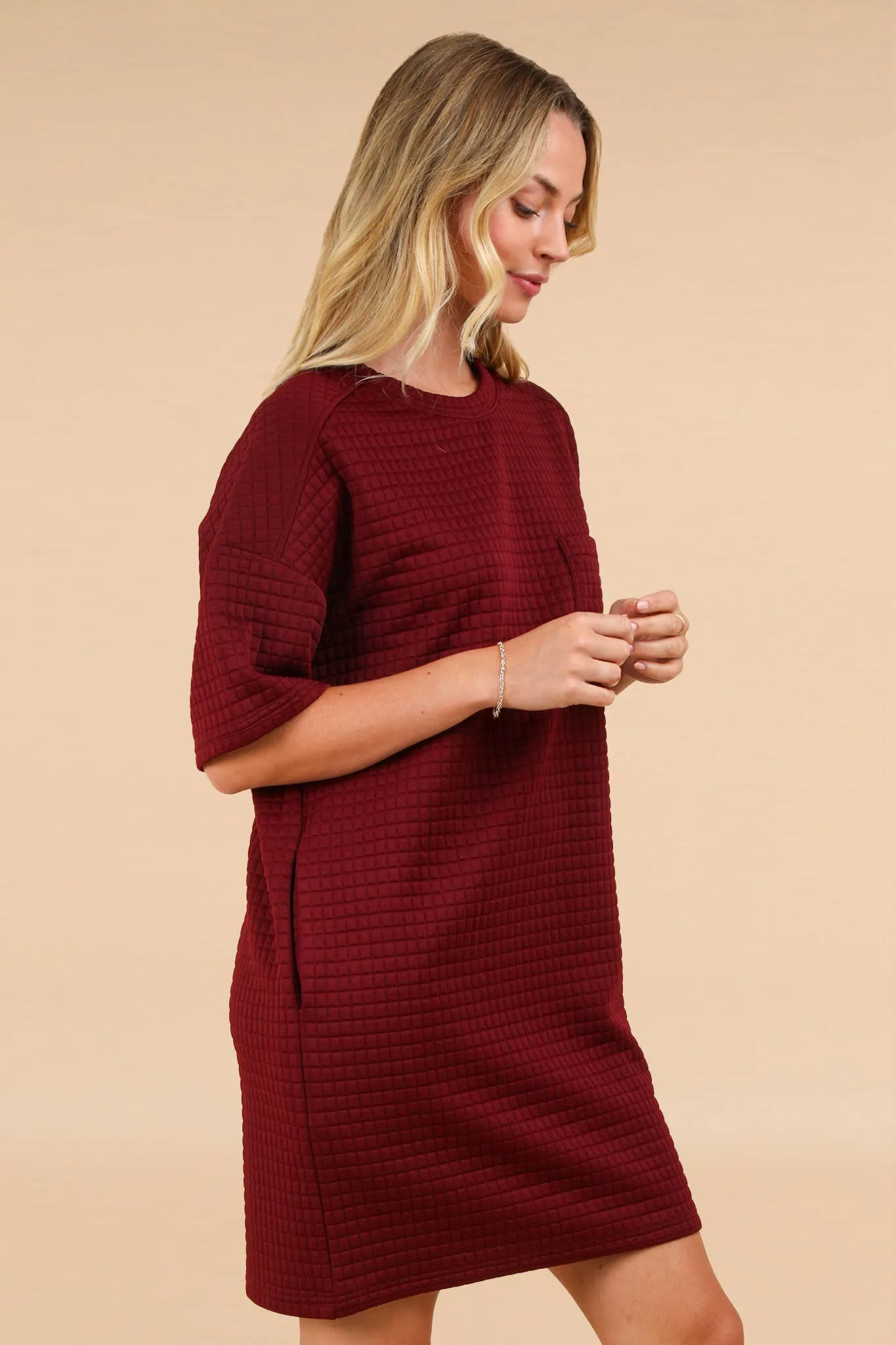 Oversized Quilted Basic Shift Mini Dress In Forest Or Wine
