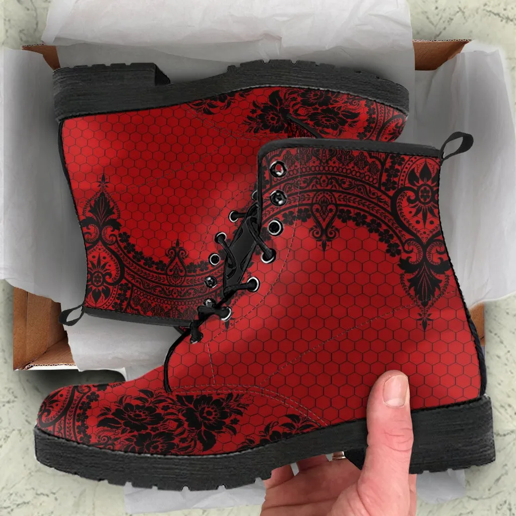 Red Combat Boots-Gothic Lace Print 111 | Unisex Boots, Custom Shoes, Hippie Boots, Lace Up Boots, 90s Boots, Women's Boots