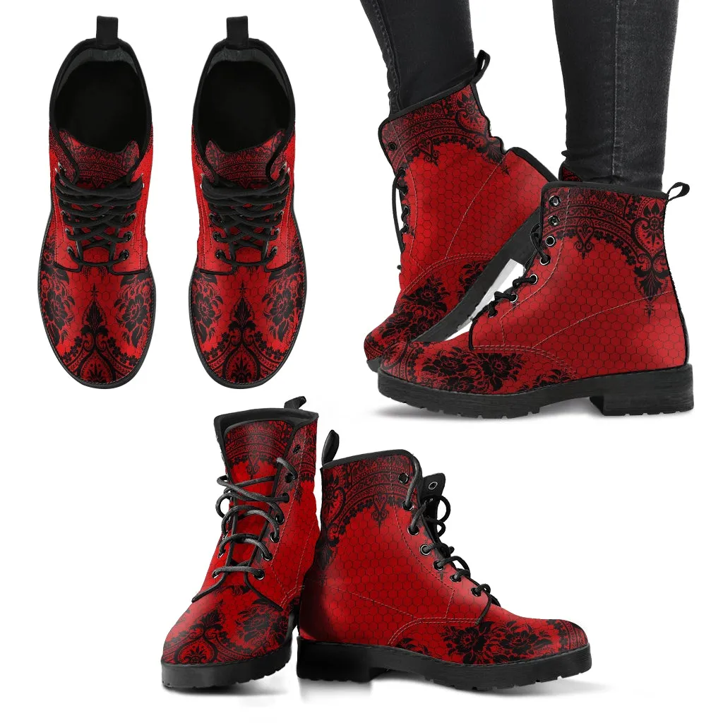 Red Combat Boots-Gothic Lace Print 111 | Unisex Boots, Custom Shoes, Hippie Boots, Lace Up Boots, 90s Boots, Women's Boots