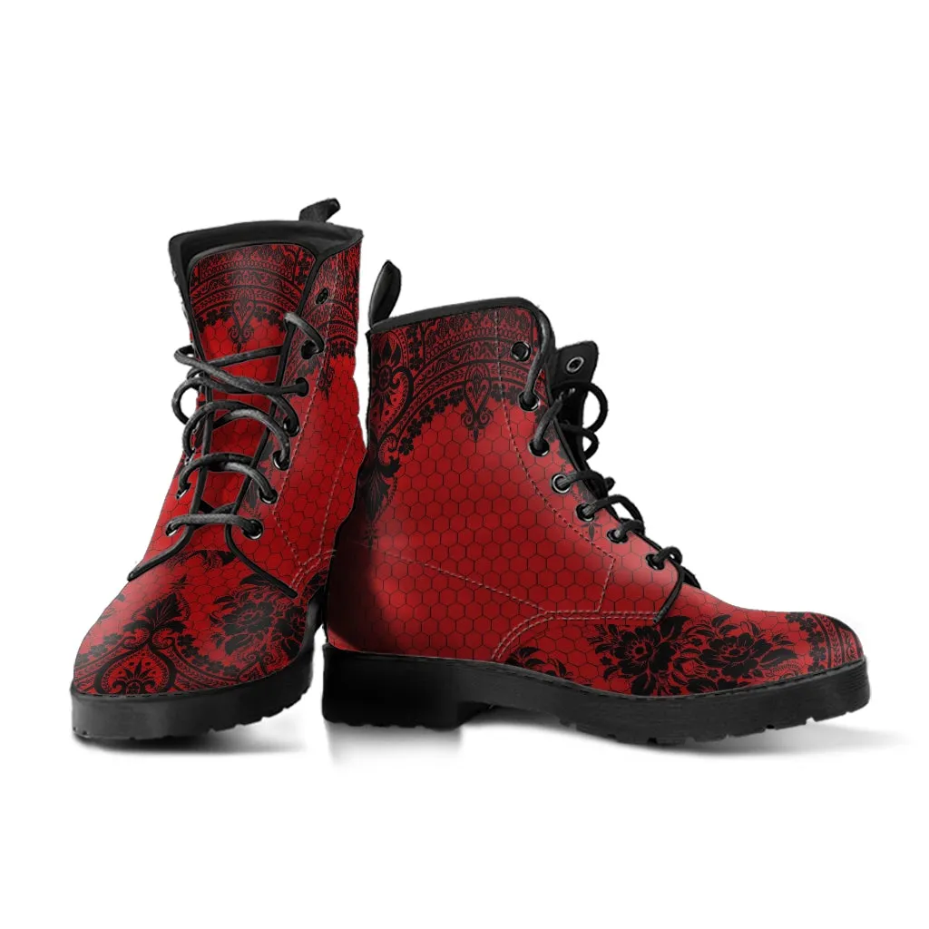 Red Combat Boots-Gothic Lace Print 111 | Unisex Boots, Custom Shoes, Hippie Boots, Lace Up Boots, 90s Boots, Women's Boots