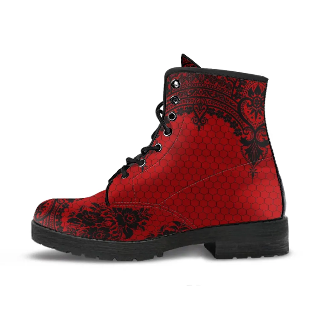 Red Combat Boots-Gothic Lace Print 111 | Unisex Boots, Custom Shoes, Hippie Boots, Lace Up Boots, 90s Boots, Women's Boots