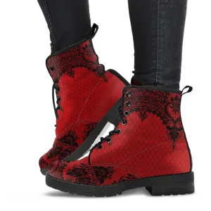 Red Combat Boots-Gothic Lace Print 111 | Unisex Boots, Custom Shoes, Hippie Boots, Lace Up Boots, 90s Boots, Women's Boots