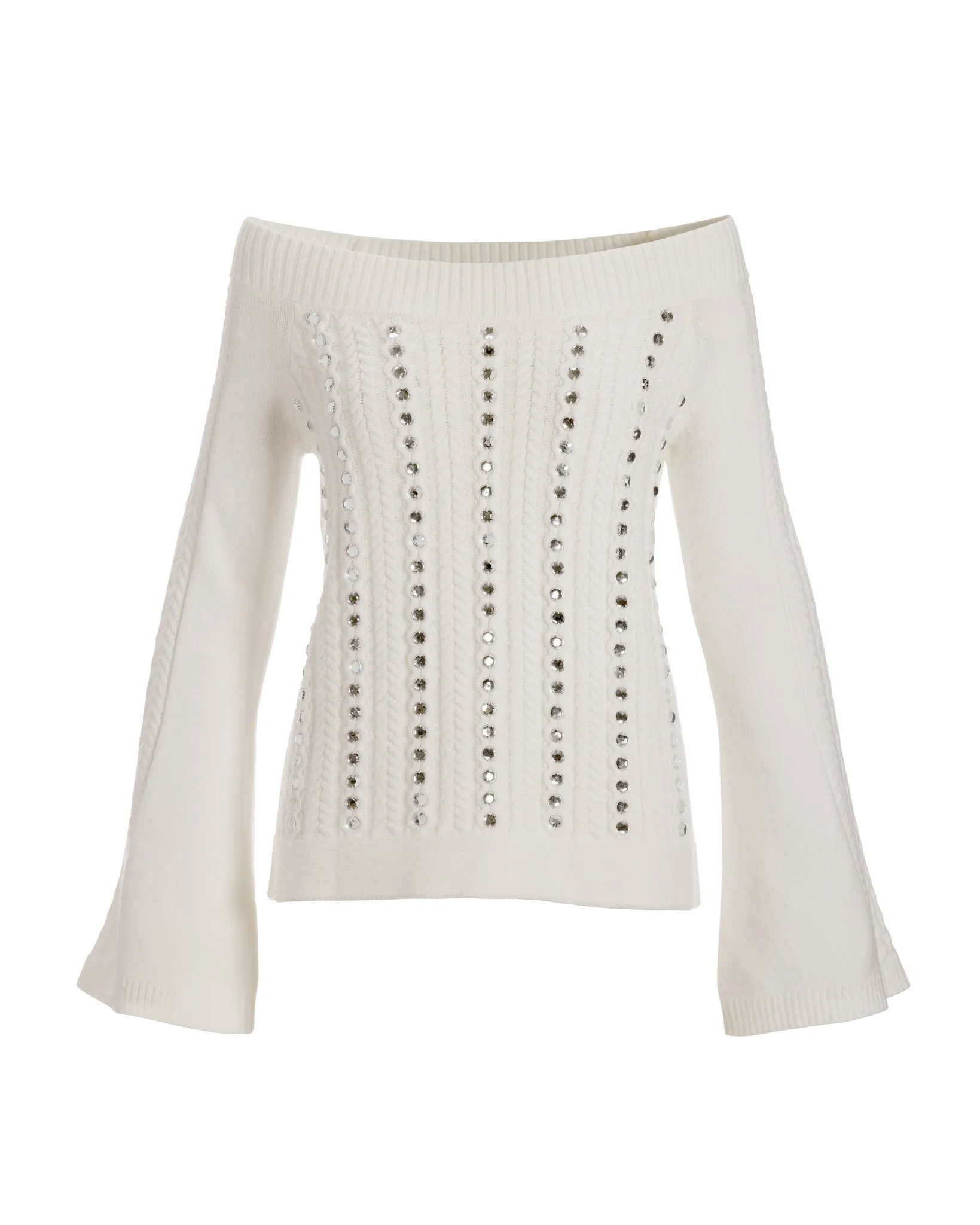 Rhinestone Embellished Off The Shoulder Sweater Off White