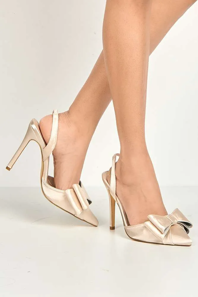 Salwa Pointy Toe Bow Slingback Court Shoes in Champange Satin