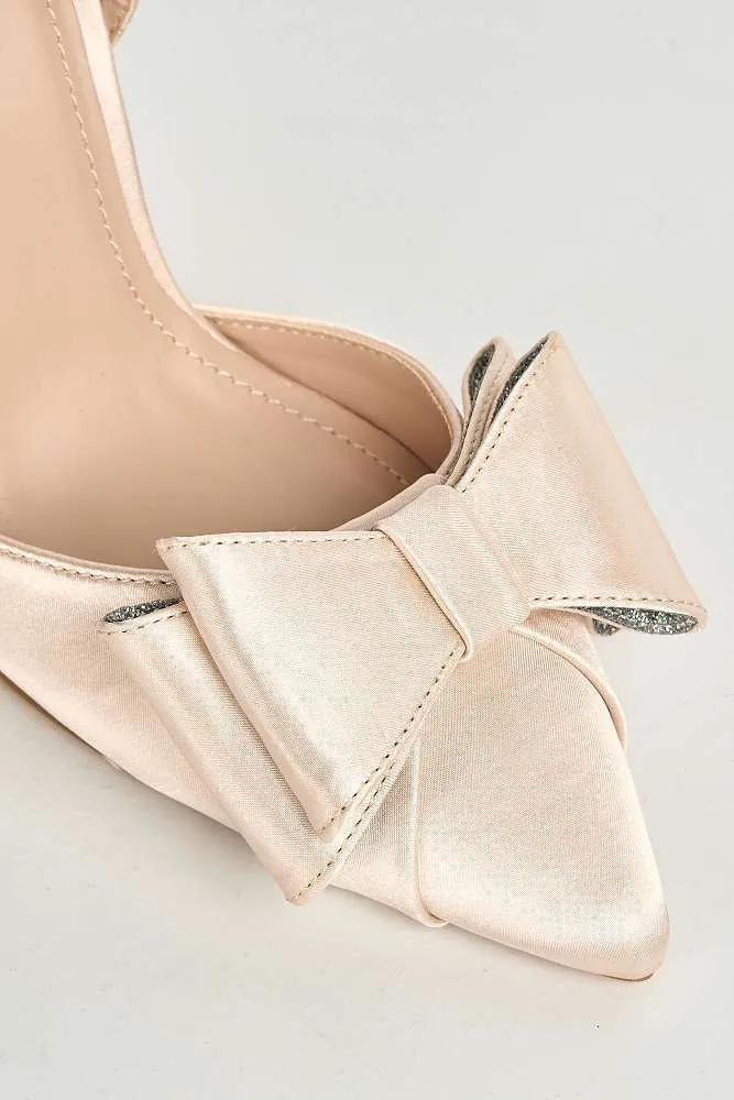 Salwa Pointy Toe Bow Slingback Court Shoes in Champange Satin