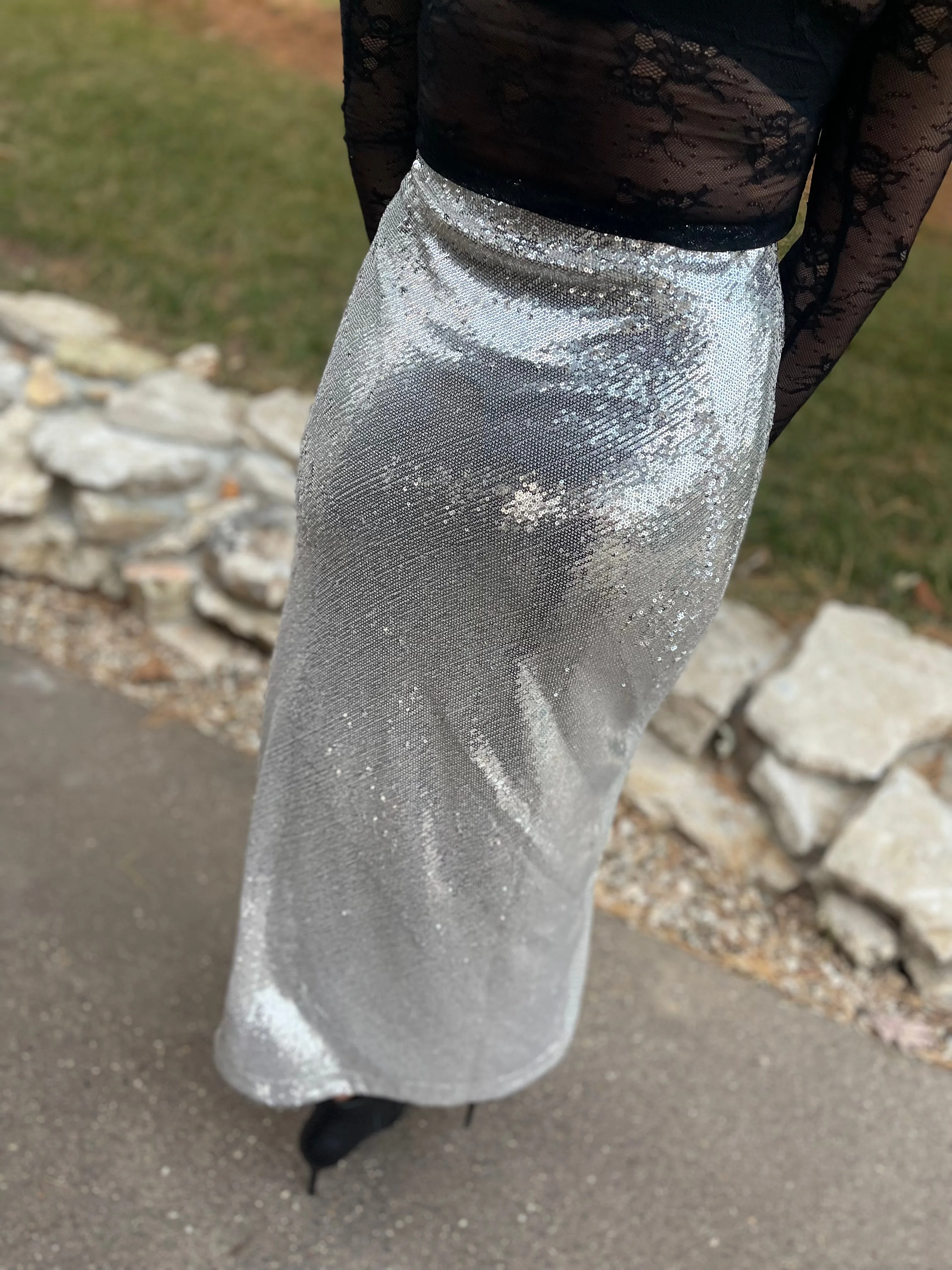 Silver Sequin Maxi Skirt