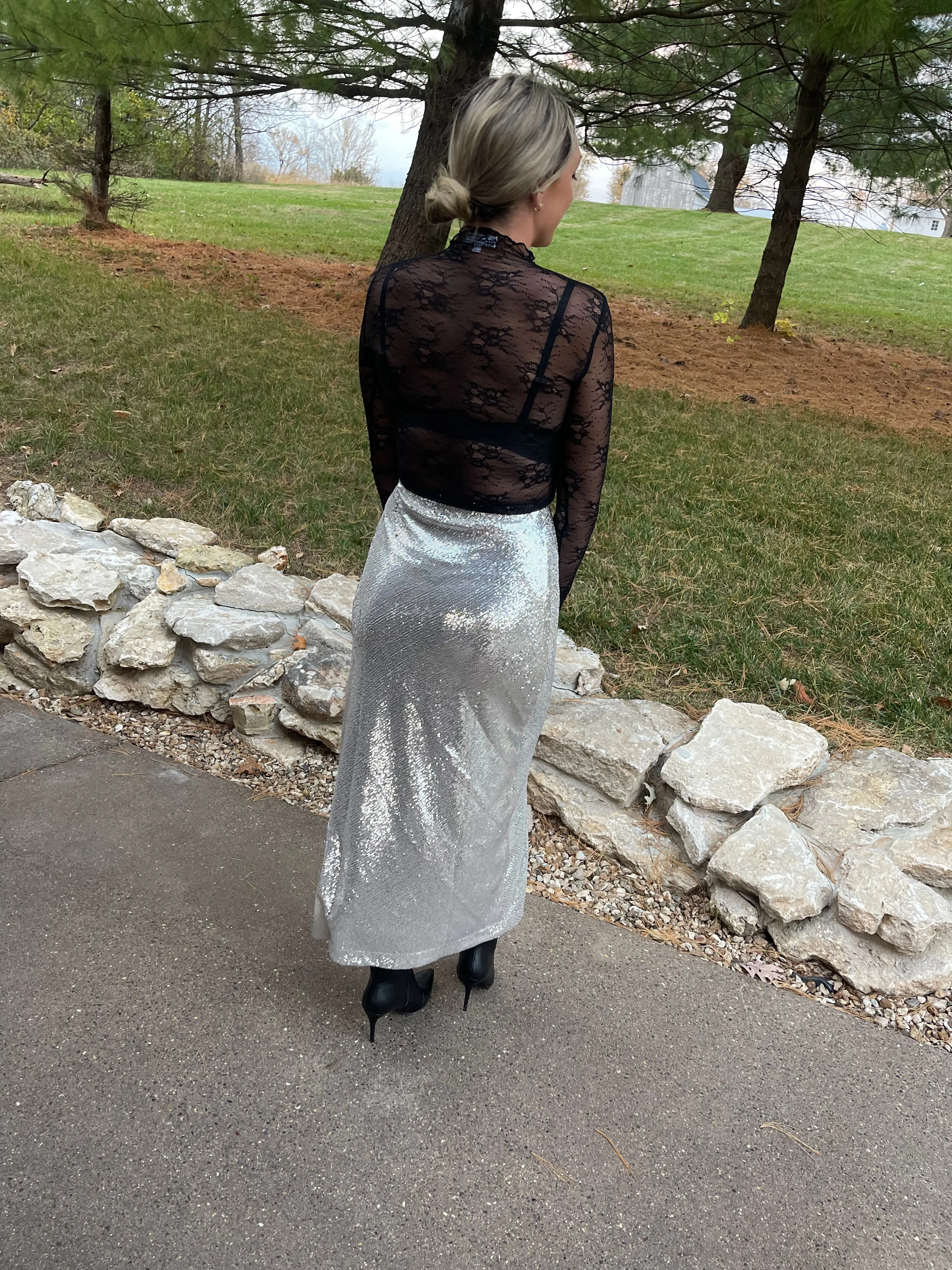 Silver Sequin Maxi Skirt