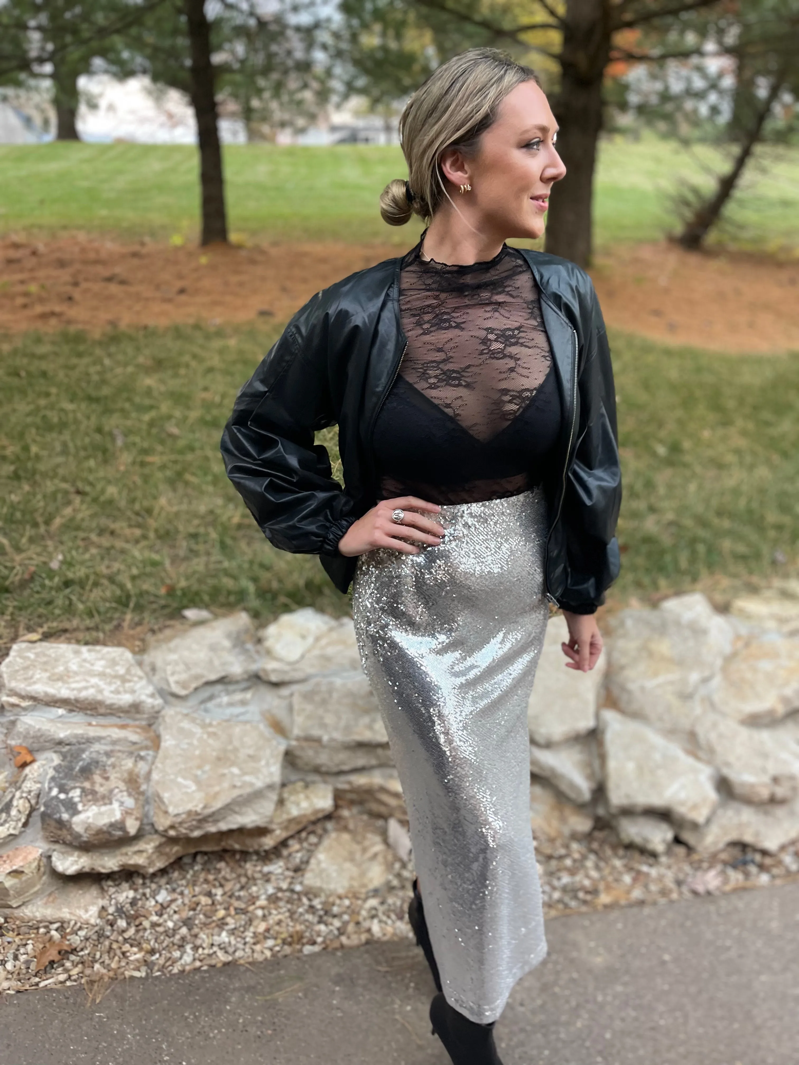 Silver Sequin Maxi Skirt