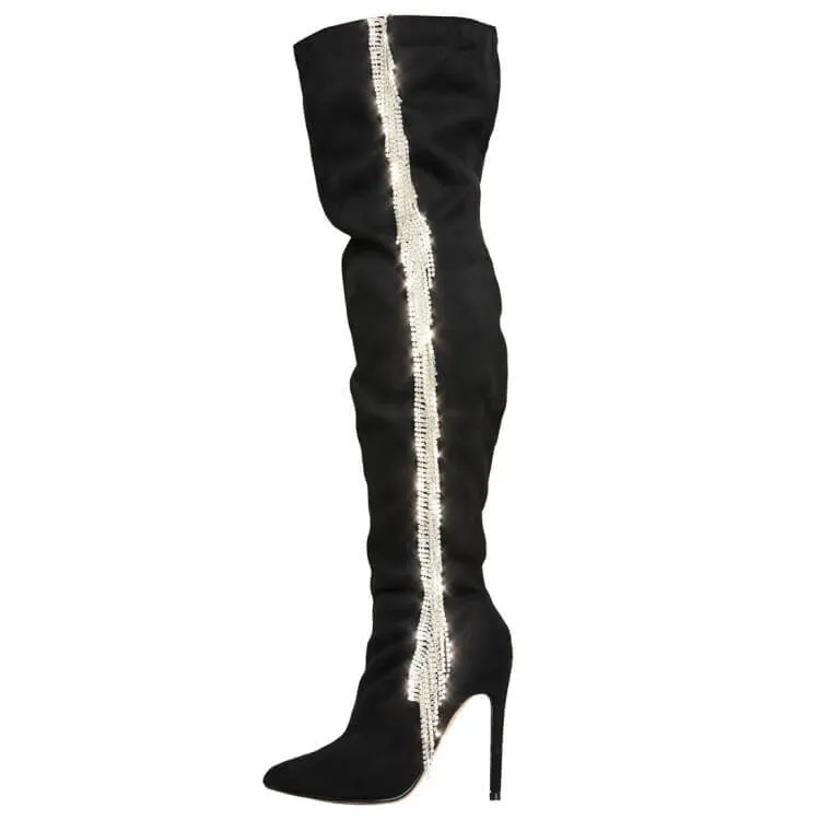 Suede Fringe Rhinestone Point Toe High Heel Over Knee Boots