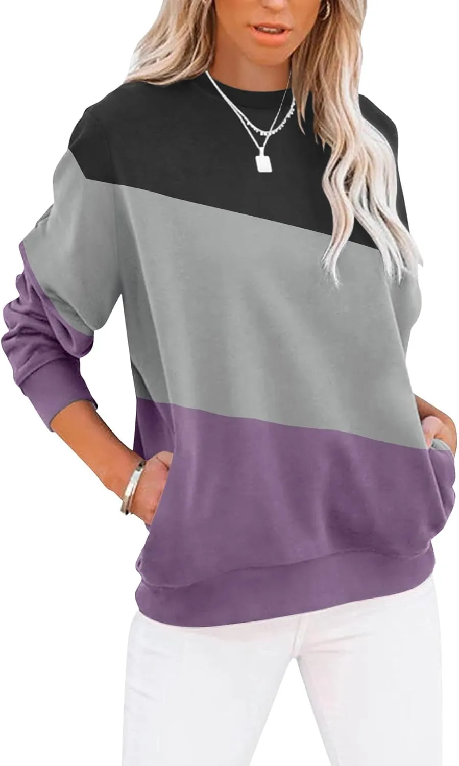 Women’s Casual Color Block Crewneck Sweatshirt – Loose Fit with Pockets