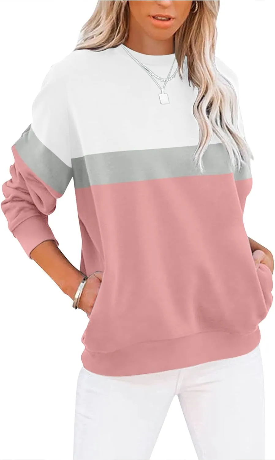 Women’s Casual Color Block Crewneck Sweatshirt – Loose Fit with Pockets