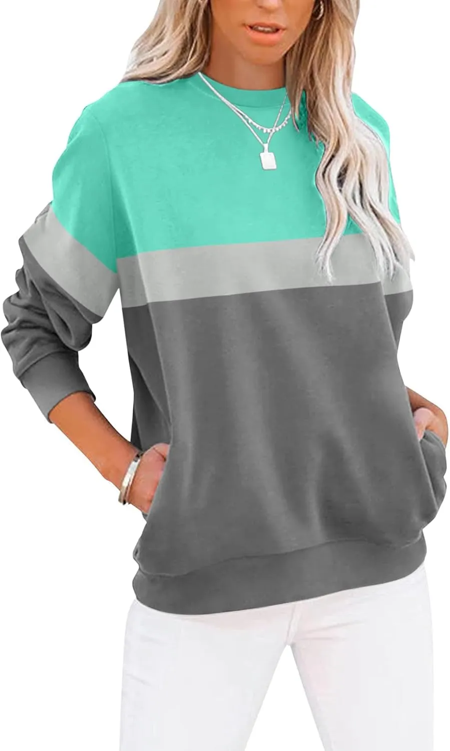 Women’s Casual Color Block Crewneck Sweatshirt – Loose Fit with Pockets