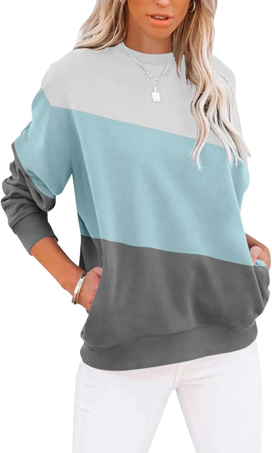 Women’s Casual Color Block Crewneck Sweatshirt – Loose Fit with Pockets